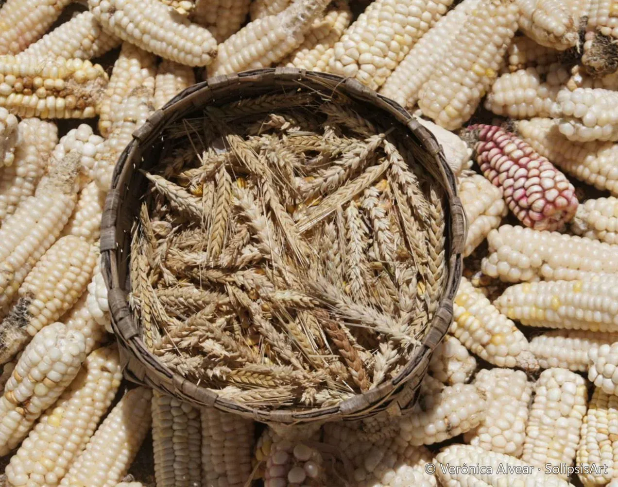 Maize cobs of many pale varieties surrounding a woven basket filled with ears of wheat.